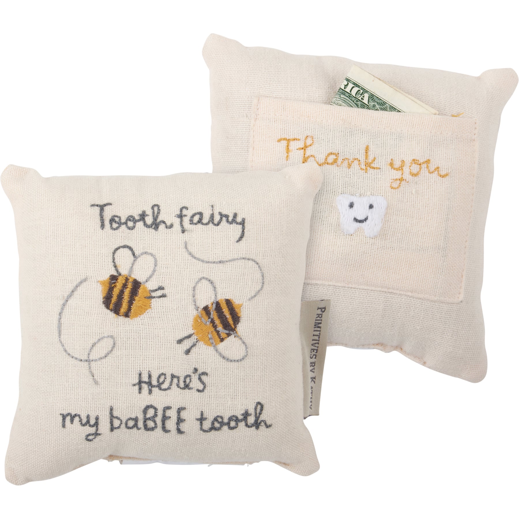 Embroidered cotton-linen Bumblebees Tooth Fairy Pillow keepsake by Primitives by Kathy, measuring 5x5 inches, with detailed bee design.