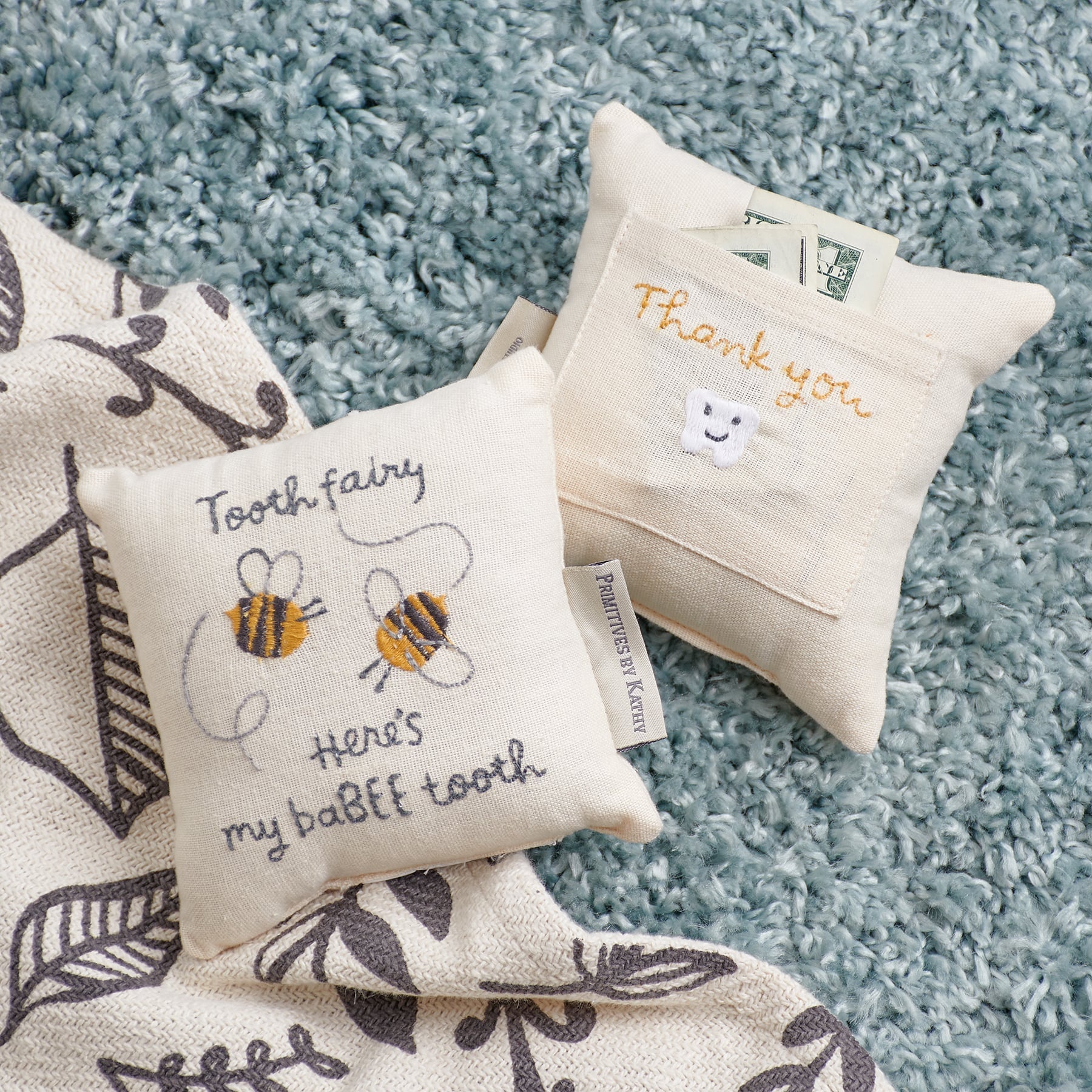 Primitives by Kathy Bumblebees Tooth Fairy Pillow, 5x5 inches, embroidered cotton-linen keepsake with bee and floral details.