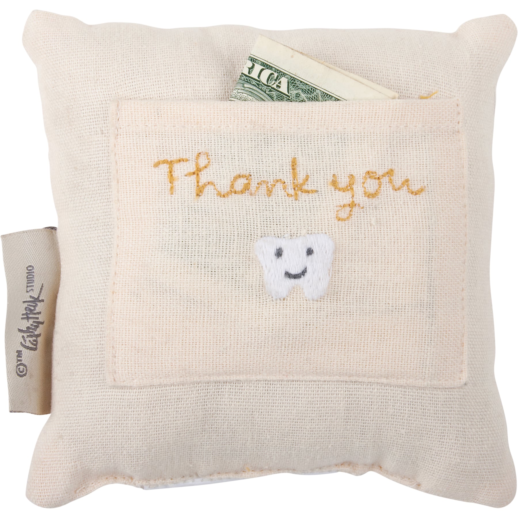 Embroidered Bumblebees Tooth Fairy Pillow, 5x5 inches, Primitives by Kathy cotton-linen keepsake with bee embroidery design.