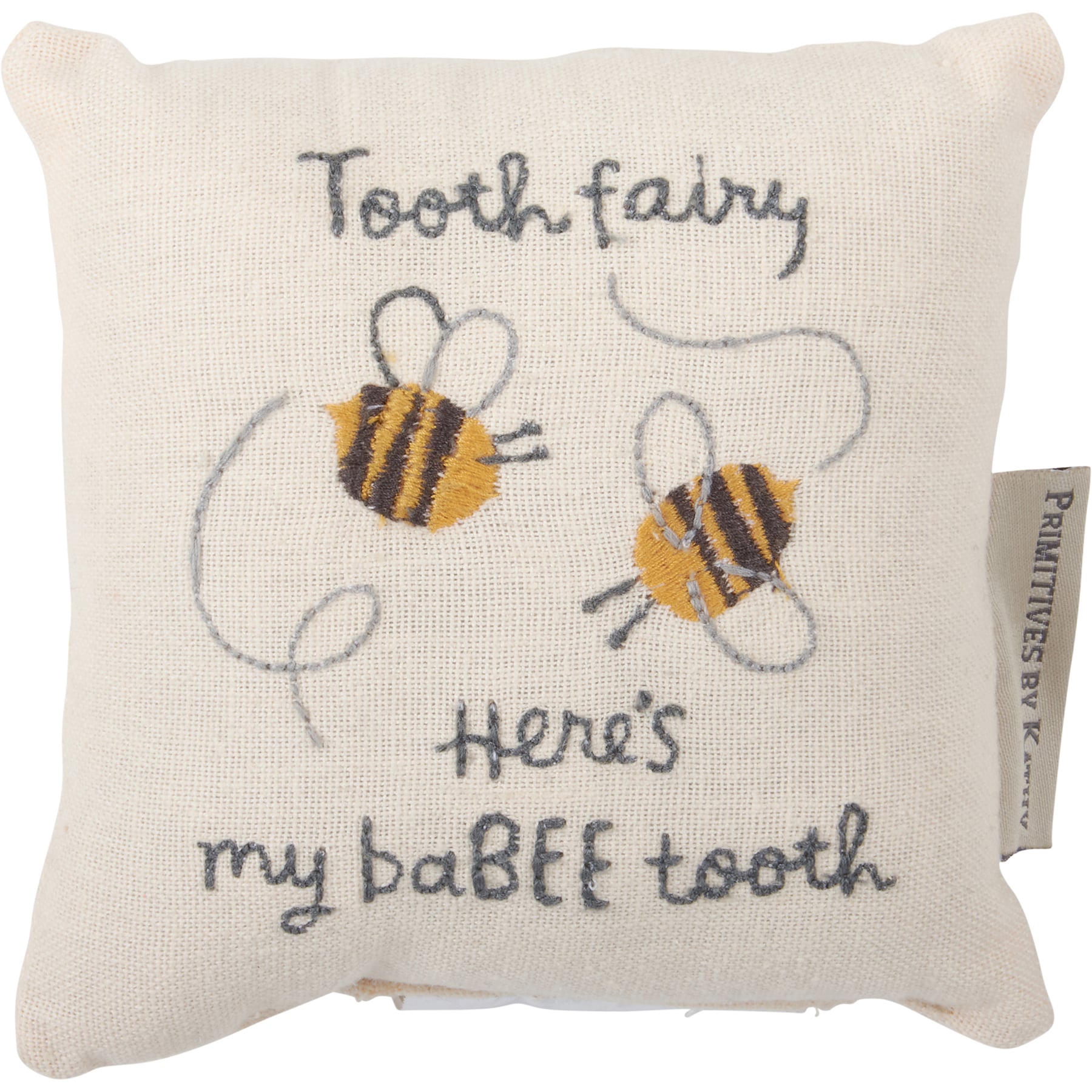 Primitives by Kathy Bumblebees Tooth Fairy Pillow, embroidered cotton-linen keepsake, 5x5 inches with bee design and decorative embroidery.