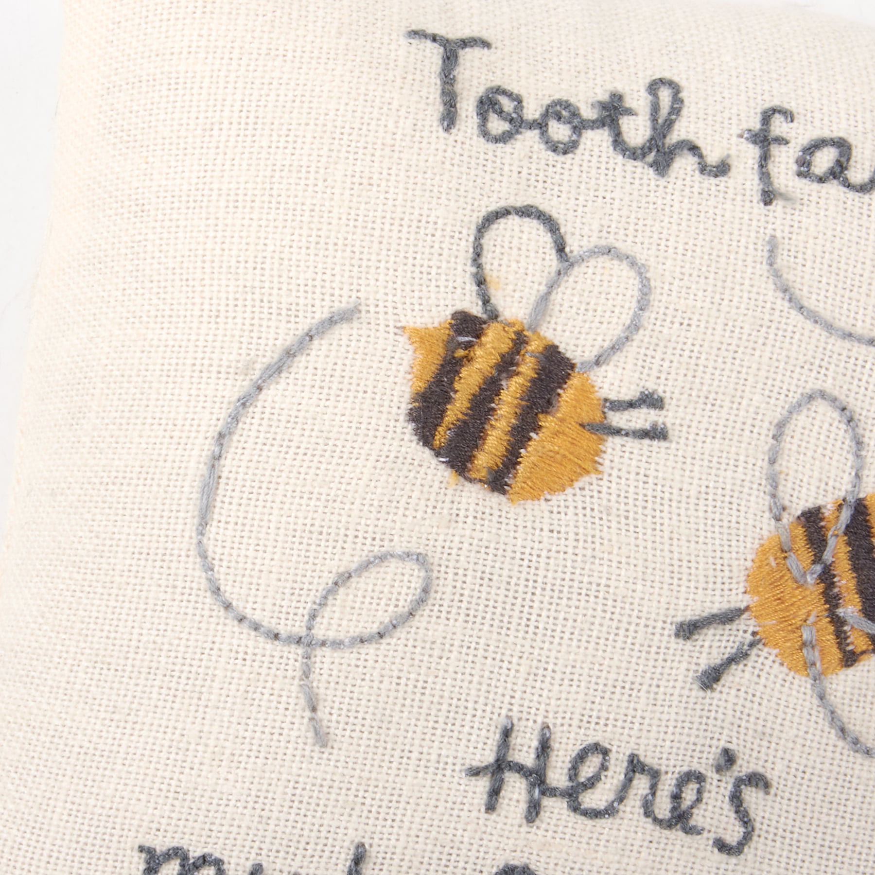 Primitives by Kathy Bumblebees Tooth Fairy Pillow, embroidered cotton-linen keepsake, 5x5 inches, featuring bee and fairy motifs.