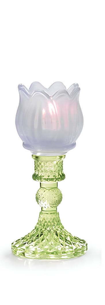 Decorative glass tulip tea candle lights in purple, yellow, pink, and mint colors by Burton+Burton, perfect for home decor.