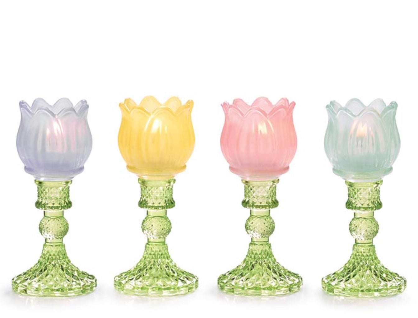 Decorative glass tulip tea candle light in purple, yellow, pink, and mint colors by Burton+Burton, featuring colorful floral design.
