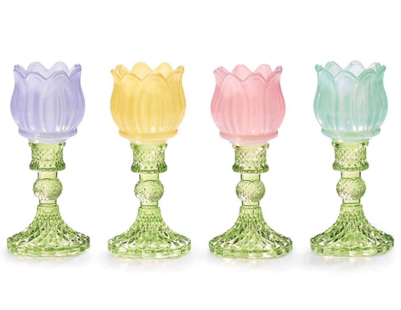 Decorative glass tulip tea candle light in purple, yellow, pink, and mint colors by Burton+Burton, showcasing vibrant, colorful glass design.