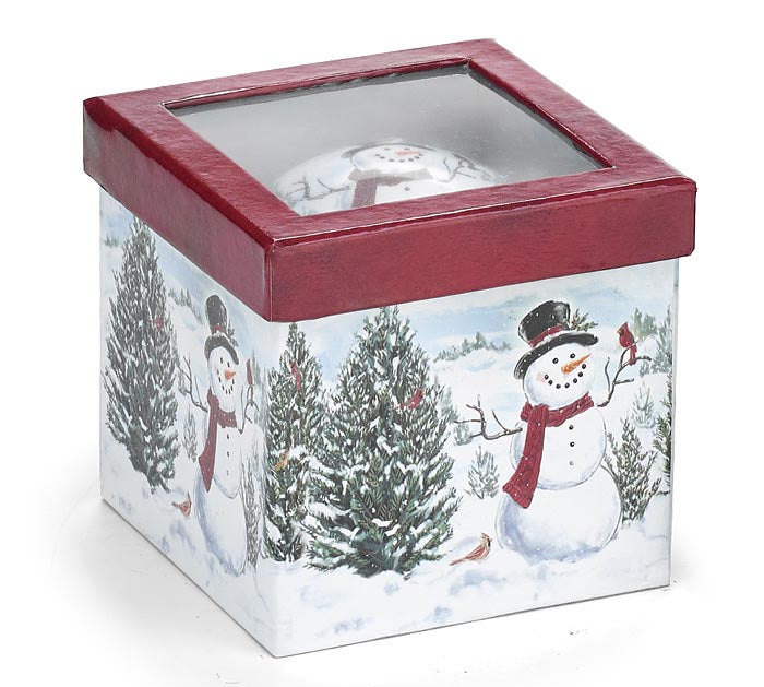 Burton+Burton 4-inch Christmas ornament featuring a snowman and cardinal with a gift box, ideal for holiday decor.