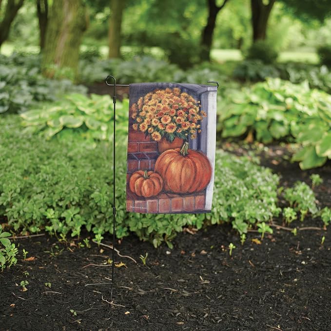 Rustic fall garden flag with pumpkins and flowers for porch decor, by Primitives by Kathy, featuring vibrant autumn design.