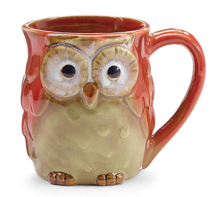 Burgundy and tan porcelain owl mug from Burton+Burton, featuring detailed owl design, perfect for enjoying hot beverages.