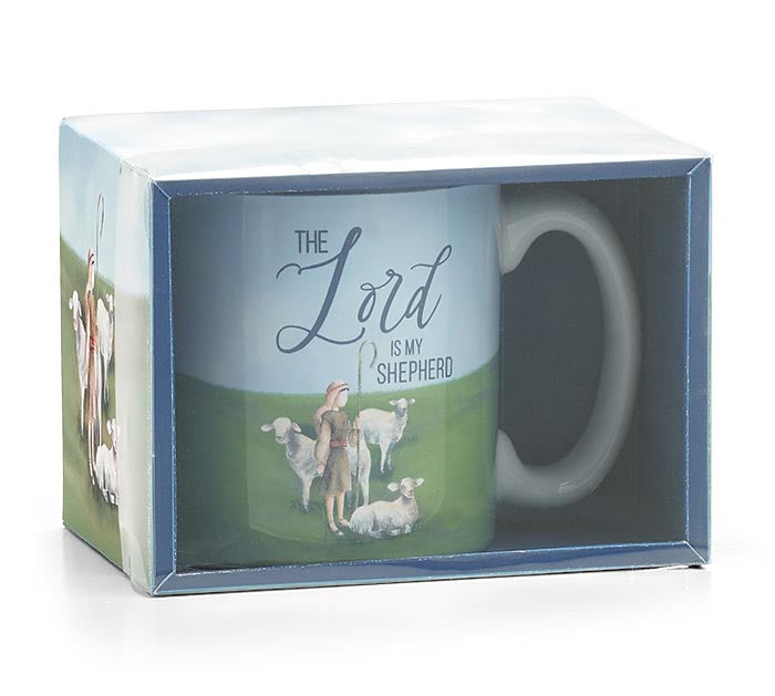 White ceramic coffee mug with "The Lord is my Shepherd" text, Burton+Burton drinkware, featuring religious quote design.