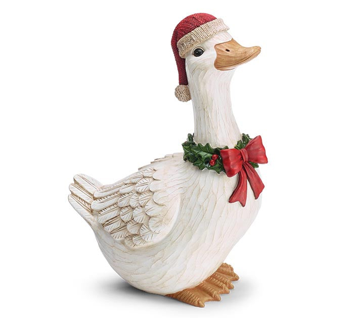 Resin Christmas goose figurine by Burton+Burton, 9.75 inches tall, festive holiday decor with detailed design and vibrant colors.