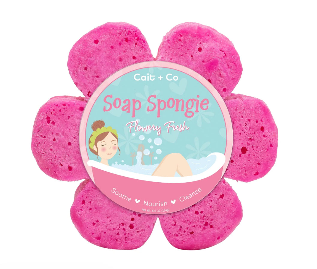 Cait and Co Moisturizing Soap Spongie shaped like a flower, gentle cleanser and moisturizer for skin, suitable for over 30 washes.