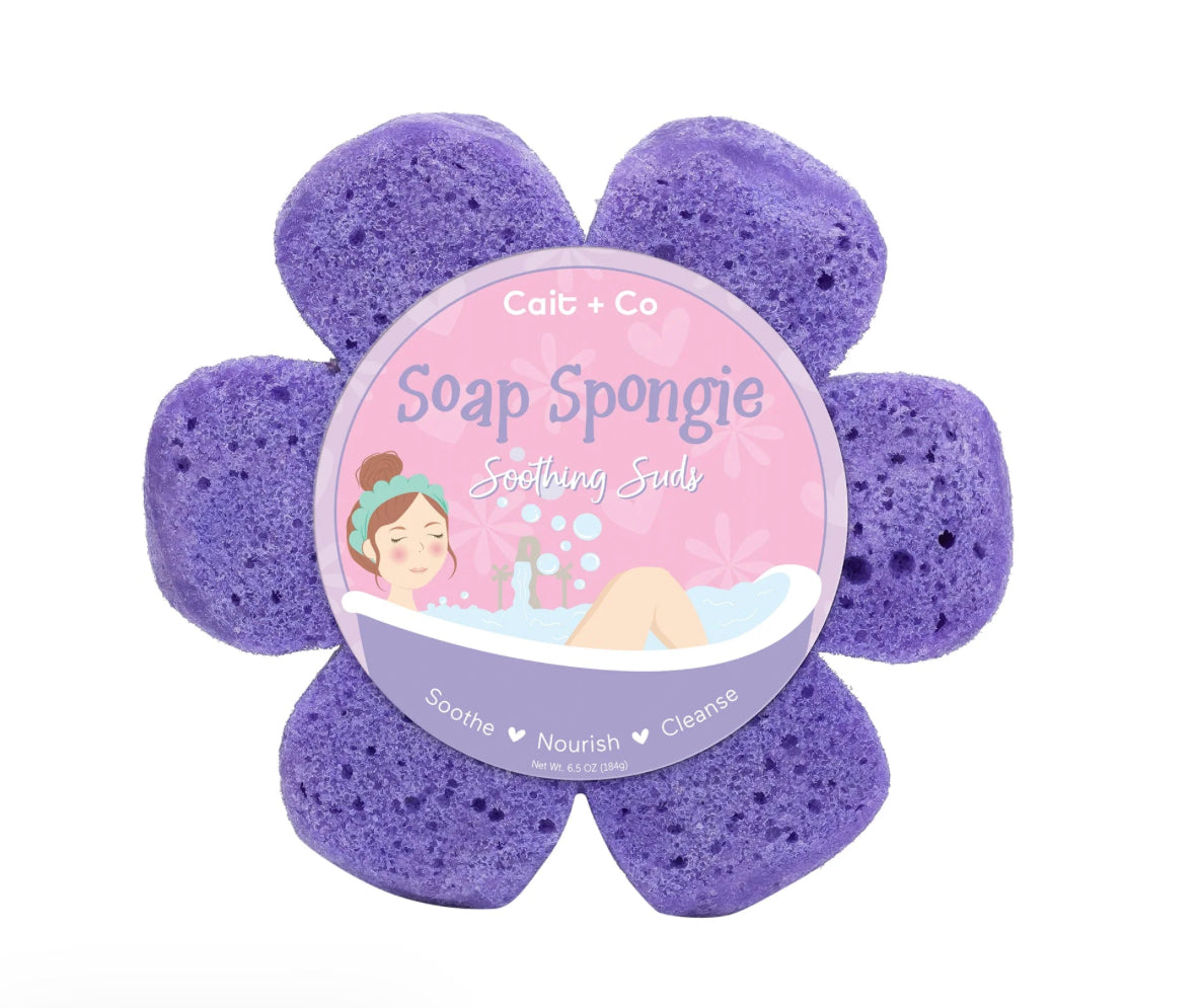 Cait and Co moisturizing soap sponge shaped like a flower, perfect for soothing, nourishing, and cleansing skin.
