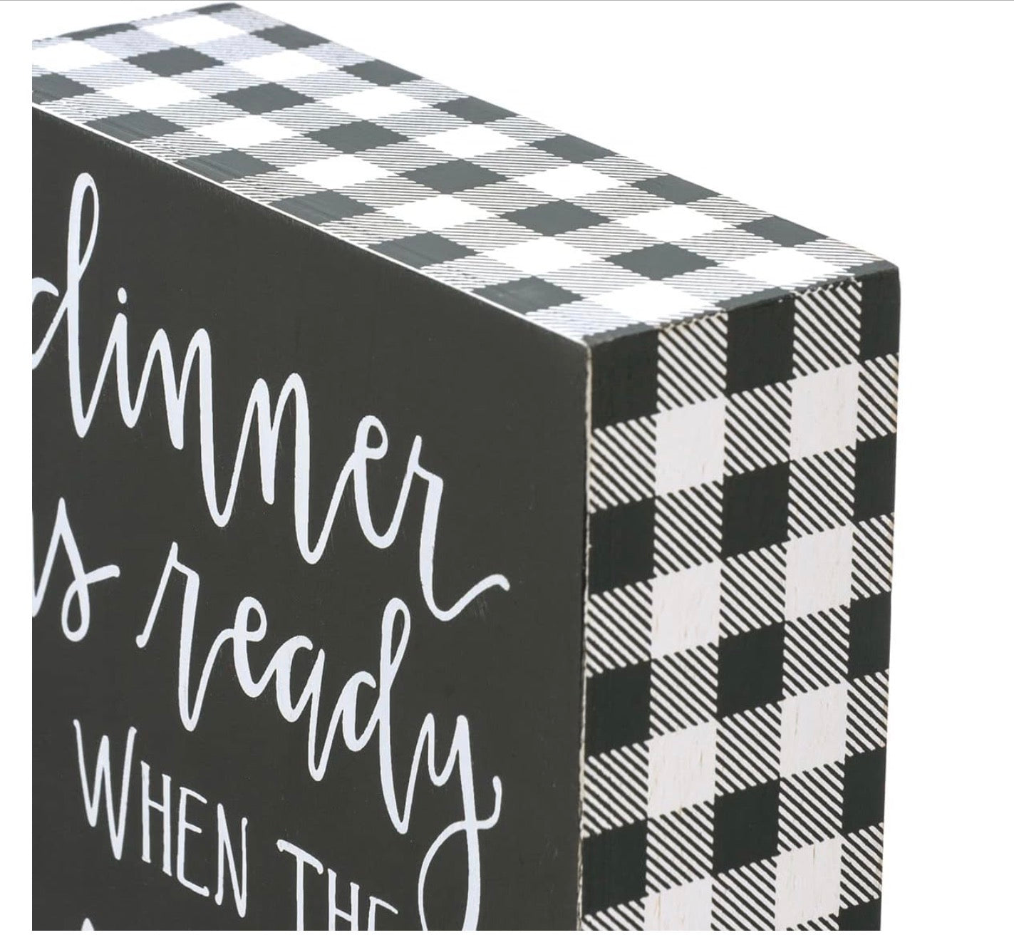 Primitives by Kathy humorous kitchen decor wood block sign with the phrase "Dinner Is Ready When The Smoke Alarm Goes Off" displayed.