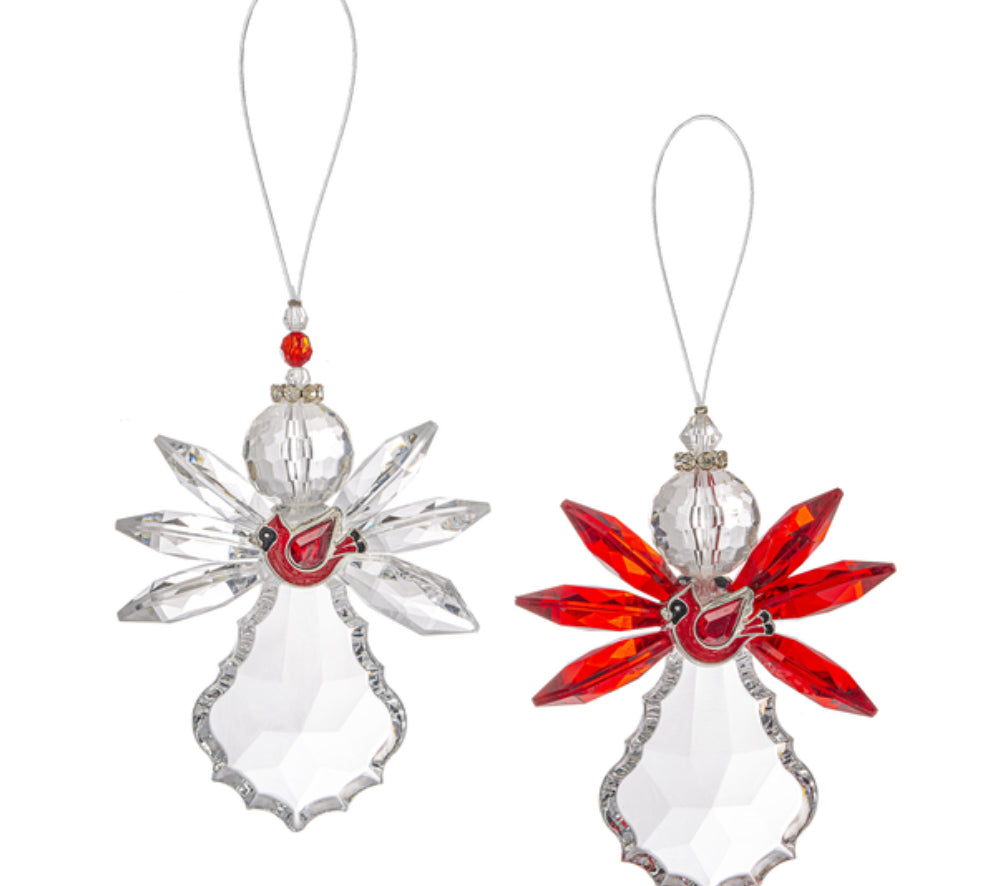 Double-sided GANZ angel holding a cardinal Christmas ornament, 4.5 inches, festive holiday decor with angel and bird details.