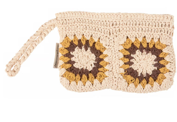 Crochet sunflower wristlet made of cotton with zipper closure, stylish women's accessory by Primitives by Kathy.