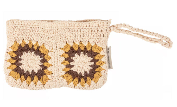 Crochet sunflower wristlet clutch purse with zipper, cotton material, women's accessory by Primitives by Kathy, featuring bright sunflower design.