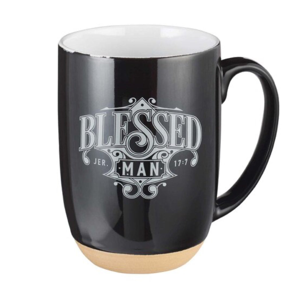 Christian Art Gifts ceramic mug with "Blessed Man" design, 15 fl oz drinkware featuring a durable ceramic finish.
