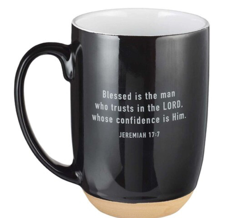 Blessed Man ceramic mug with Christian Art Gifts branding, 15 fl oz drinkware featuring inspirational religious design.