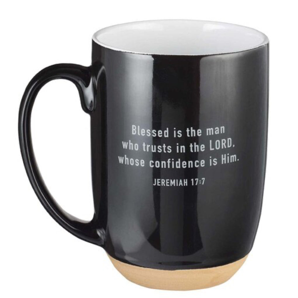 Blessed Man ceramic mug with Christian Art Gifts branding, 15 fl oz drinkware featuring inspirational religious design.