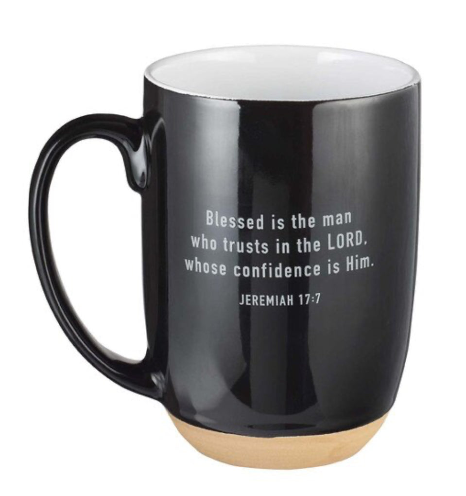 Blessed Man ceramic mug with Christian Art Gifts branding, 15 fl oz drinkware featuring inspirational religious design.