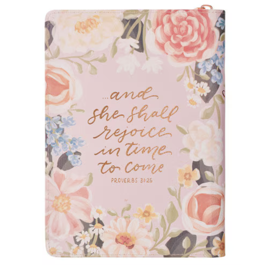 Pink floral faux leather journal with zipper closure by Christian Art Gifts, featuring strength and honor design.