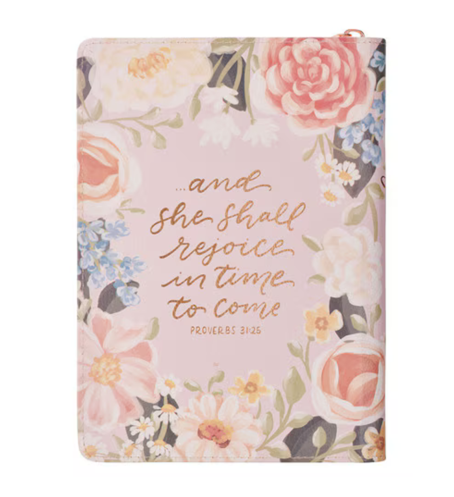 Pink floral faux leather journal with zipper closure by Christian Art Gifts, featuring strength and honor design.