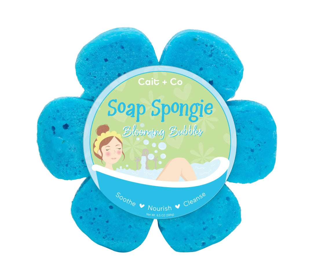 Cait and Co moisturizing soap sponge shaped like a flower for soothing, nourishing cleansing, providing over 30 washes.