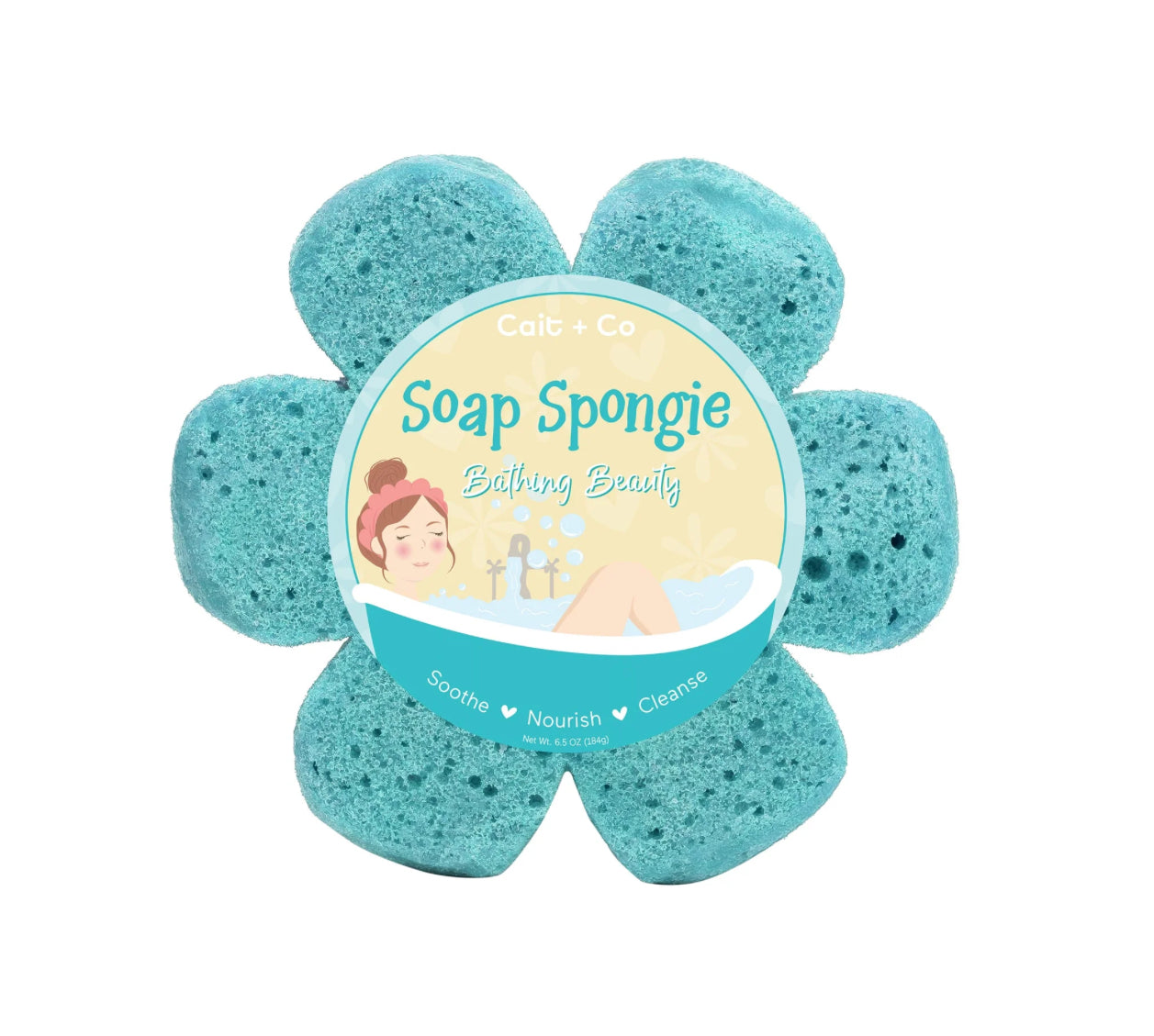 Cait and Co moisturizing soap sponge shaped like a flower, designed for soothing, nourishing, and cleansing skin, with over 30 washes.