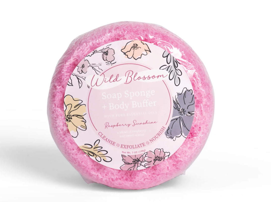 Cait and Co moisturizing bath sponge with Shea, cocoa, and mango butters, shown with gentle texture and natural colors.