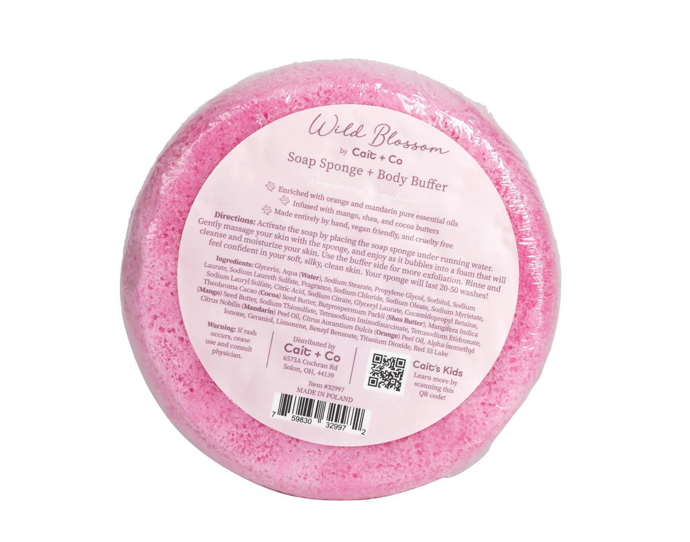 Cait and Co moisturizing bath sponge with shea, cocoa, and mango butter, showing soft textured sponge for gentle cleansing.