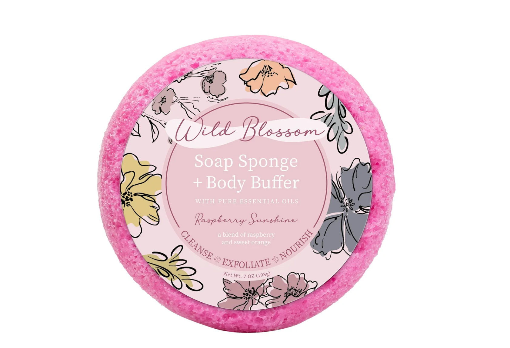 Cait and Co moisturizing bath sponge with Shea, Cocoa, and Mango Butter, showing a soft, textured sponge for gentle cleansing.