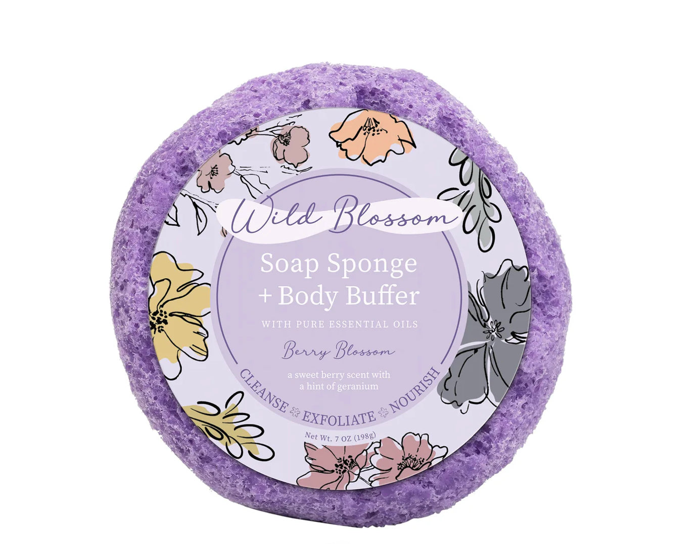 Cait and Co moisturizing bath sponge with shea, cocoa, and mango butter, shown with a soft, textured sponge for gentle skin cleansing.