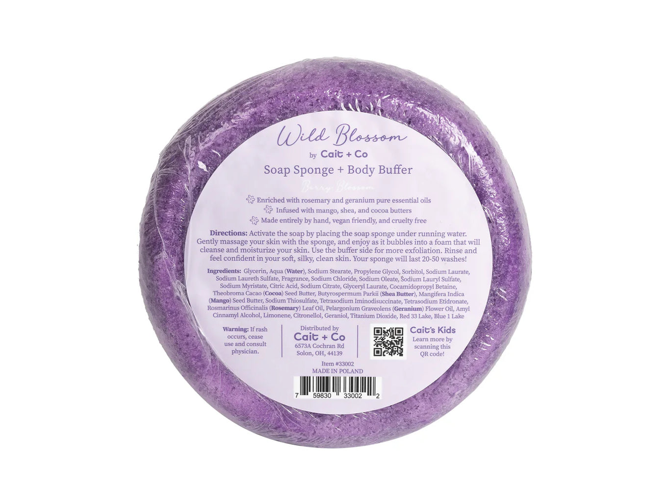 Cait and Co moisturizing bath sponge with shea, cocoa, and mango butter, showing the soft textured sponge for gentle cleansing.