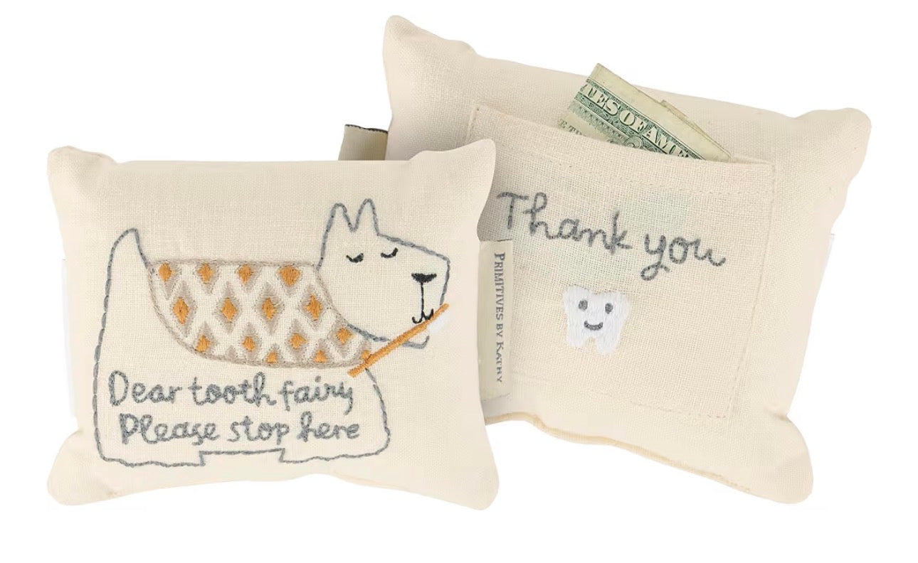 Primitives by Kathy puppy tooth fairy pillow made of embroidered cotton-linen, a charming baby keepsake gift.