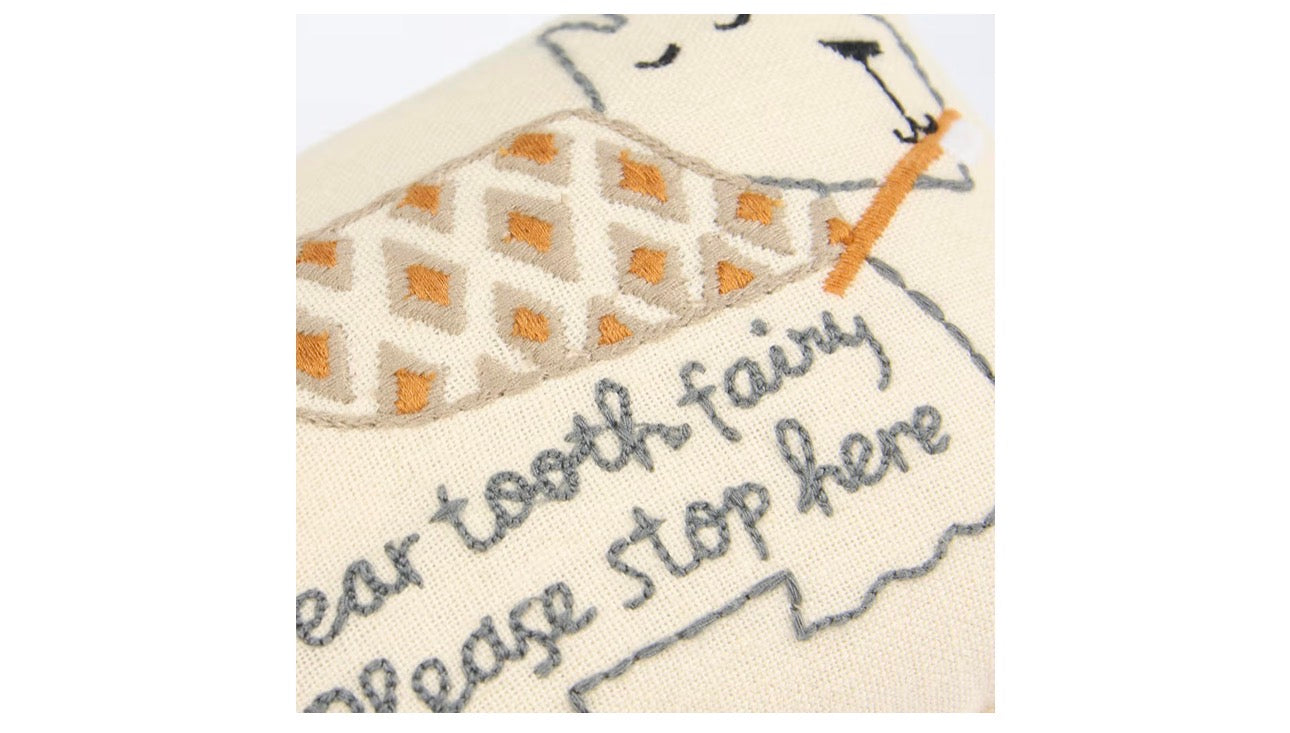 Embroidered cotton-linen puppy tooth fairy pillow by Primitives by Kathy, a charming keepsake gift for babies.