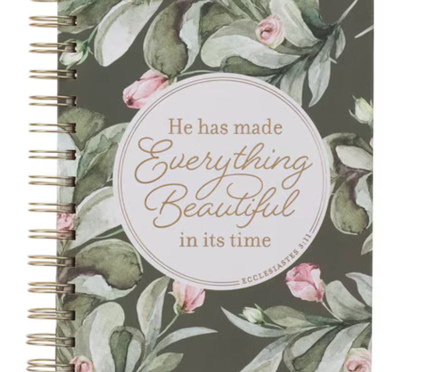 Green wreath spiral journal with gold foil accents and scripture pages by Christian Art Gifts, featuring a decorative cover design.