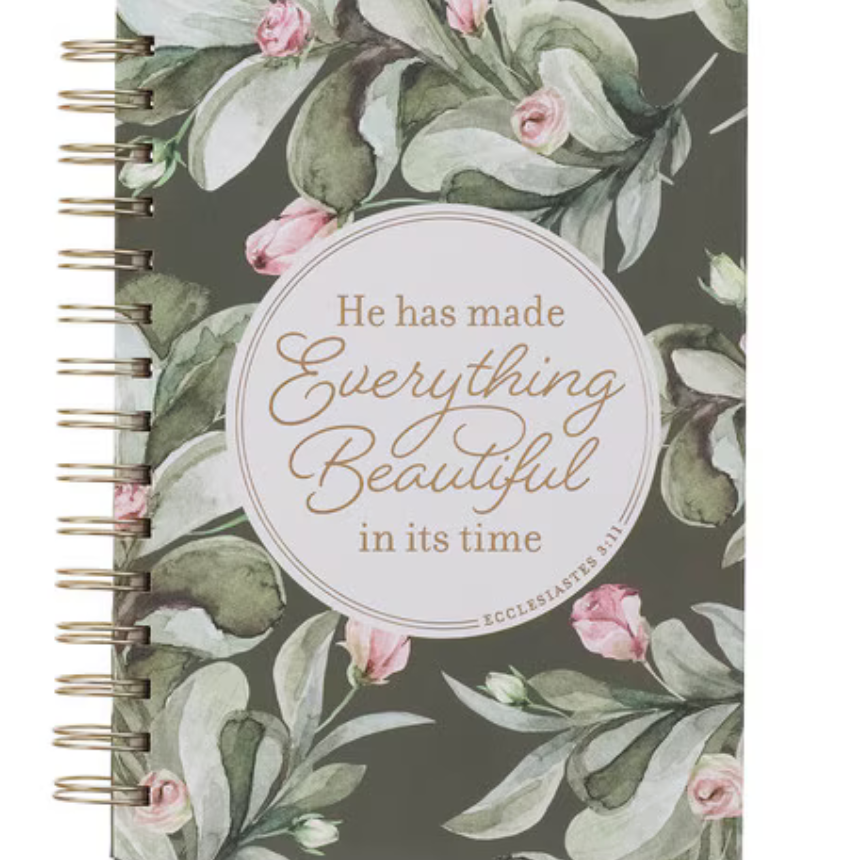 Green wreath spiral journal with gold foil accents and scripture pages by Christian Art Gifts, featuring a decorative cover design.