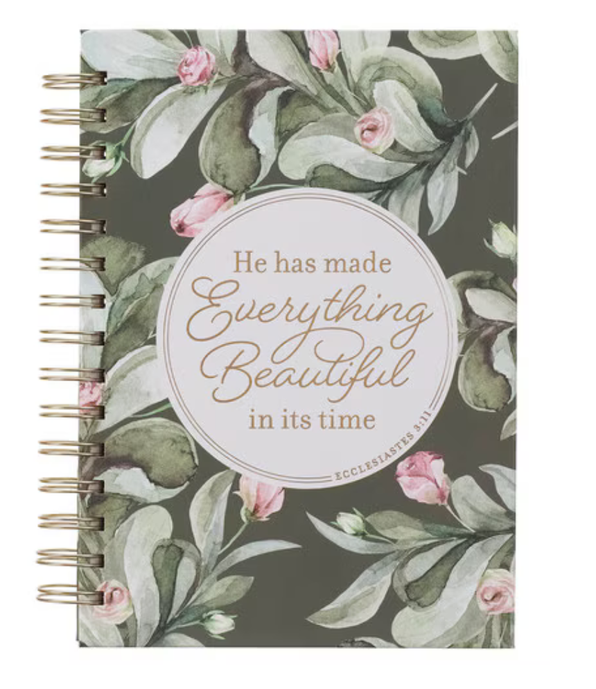 Green wreath spiral journal with gold foil accents and scripture pages by Christian Art Gifts, featuring a decorative cover design.