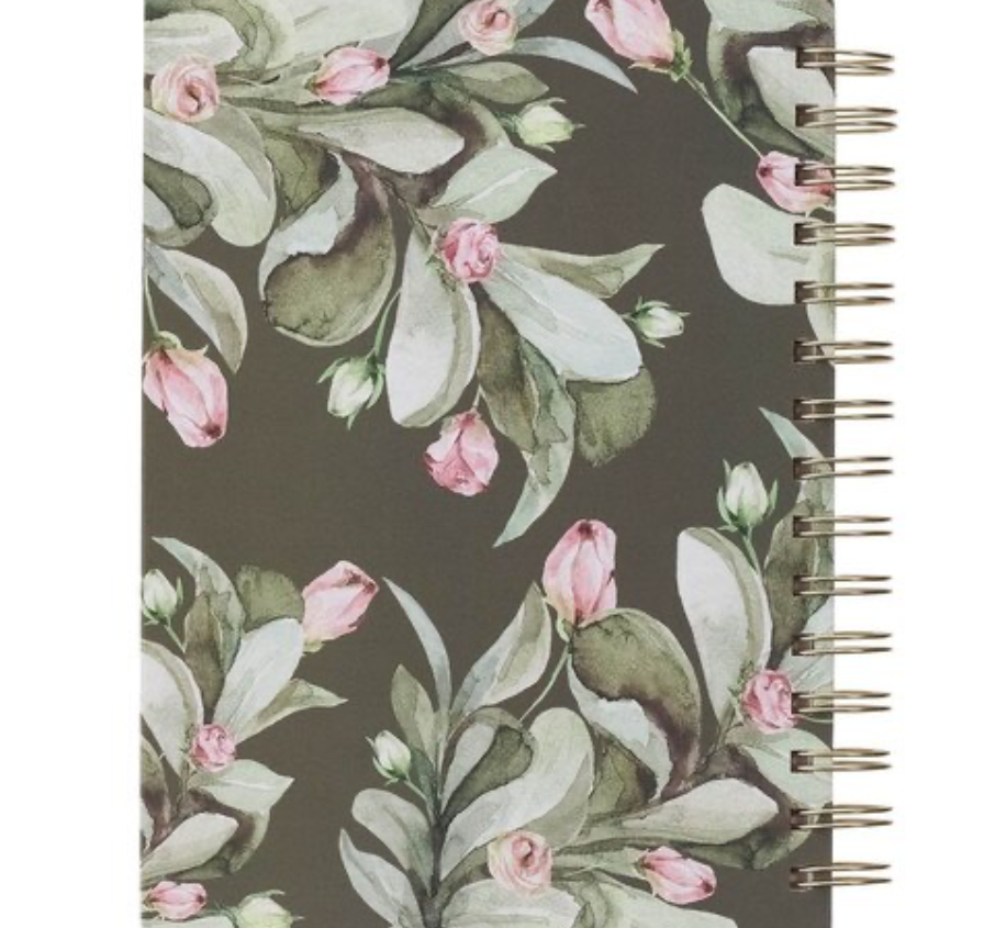 Green wreath spiral journal by Christian Art Gifts with gold foil accents and scripture pages, featuring a decorative floral cover.