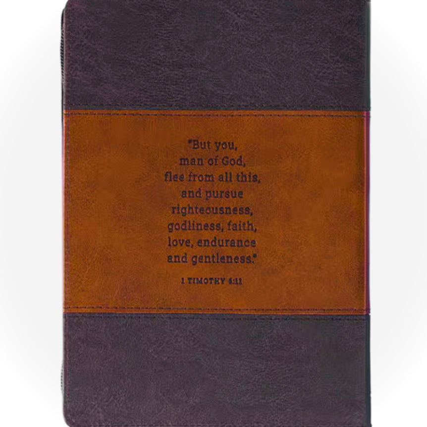Christian Art Gifts Man of God faux leather journal with gold accents and scripture pages, featuring a durable leather cover and religious design.