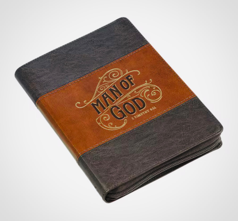 Man of God faux leather journal with gold accents and scripture pages, Christian Art Gifts, Christian-themed writing notebook
