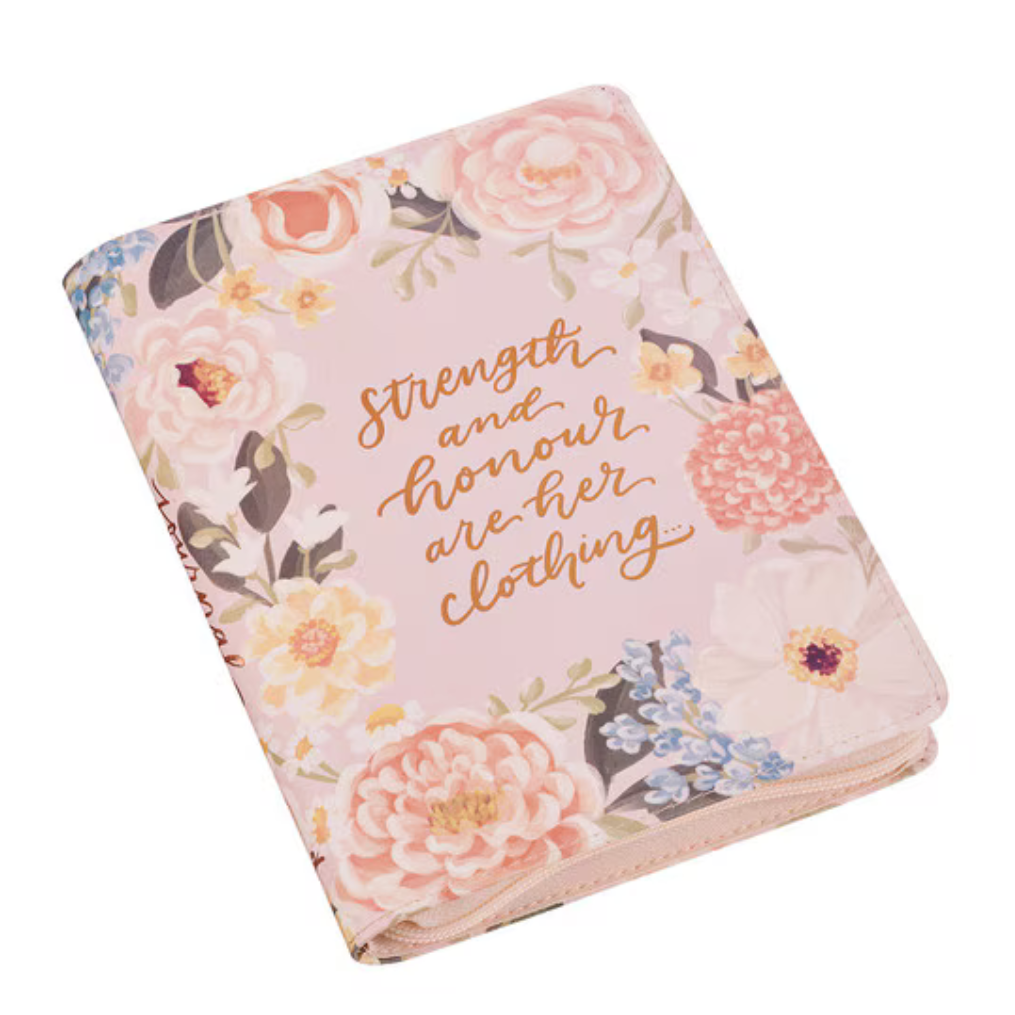 Pink floral faux leather journal with zipper closure by Christian Art Gifts, featuring strength and honor design.