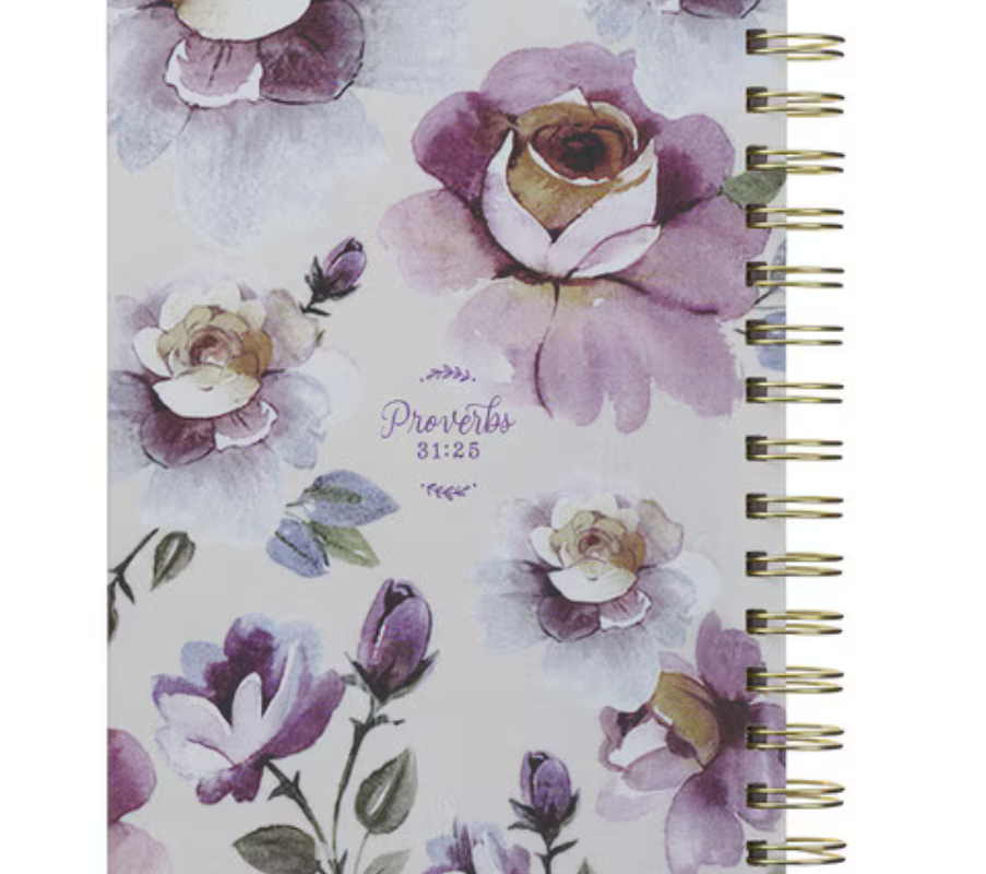 Christian Art Gifts purple rose spiral journal with hardcover, featuring strength and dignity Proverbs design for women and friends.