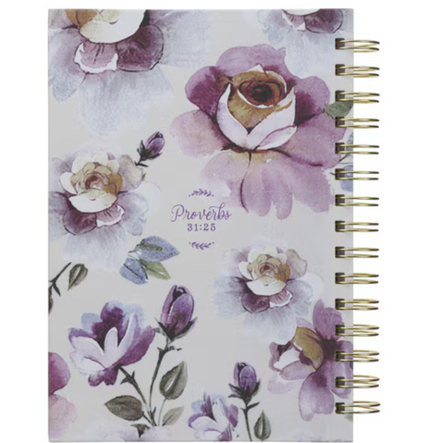 Christian Art Gifts purple rose spiral journal with hardcover, featuring strength and dignity Proverbs design for women and friends.