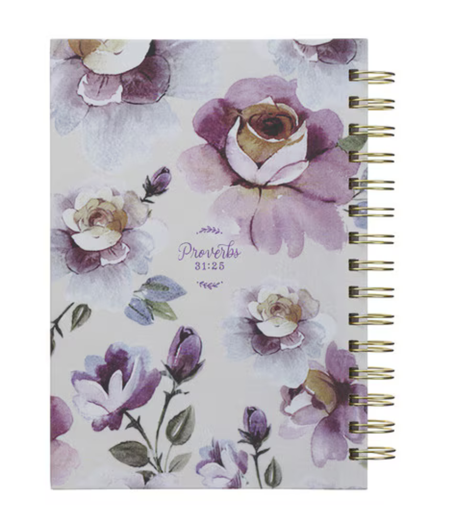 Christian Art Gifts purple rose spiral journal with hardcover, featuring strength and dignity Proverbs design for women and friends.