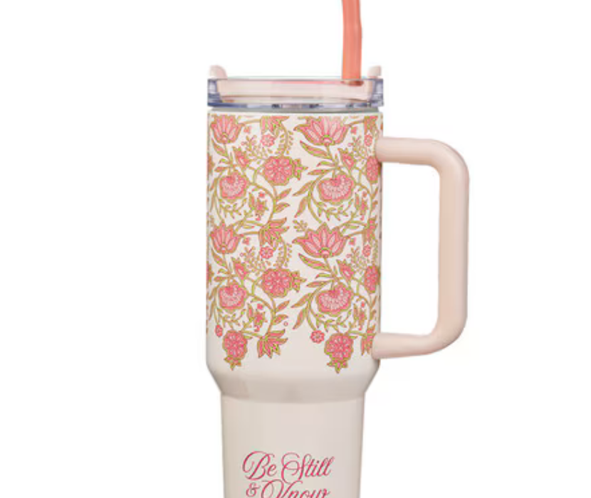 Pink floral stainless steel tumbler with "Be Still & Know" inscription, 40 oz insulated travel mug by Christian Art Gifts.