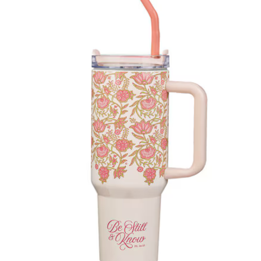 Pink floral stainless steel tumbler with "Be Still & Know" inscription, 40 oz insulated travel mug by Christian Art Gifts.