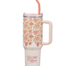 Pink floral stainless steel tumbler with "Be Still & Know" inscription, 40 oz insulated travel mug by Christian Art Gifts.