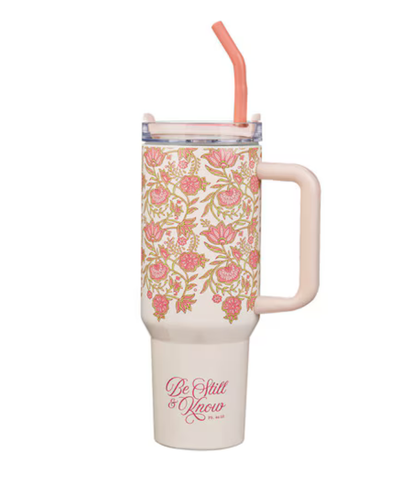 Pink floral stainless steel tumbler with "Be Still & Know" inscription, 40 oz insulated travel mug by Christian Art Gifts.