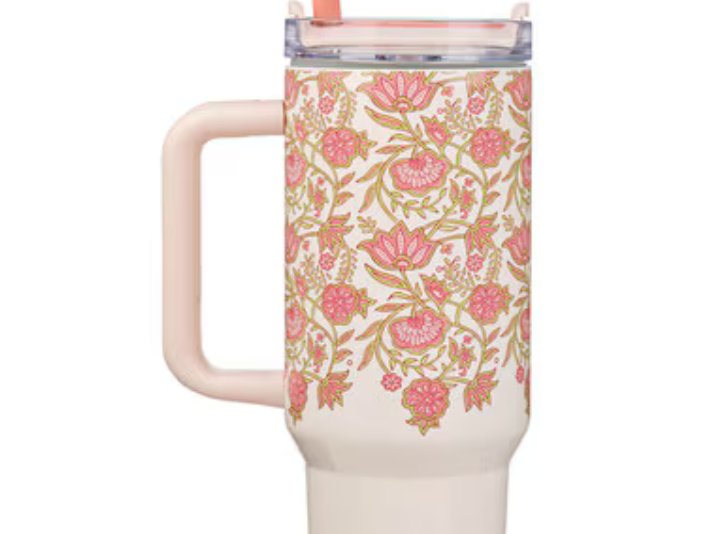 Pink floral stainless steel 40 oz insulated travel tumbler with "Be Still & Know" Christian Art Gifts drinkware.