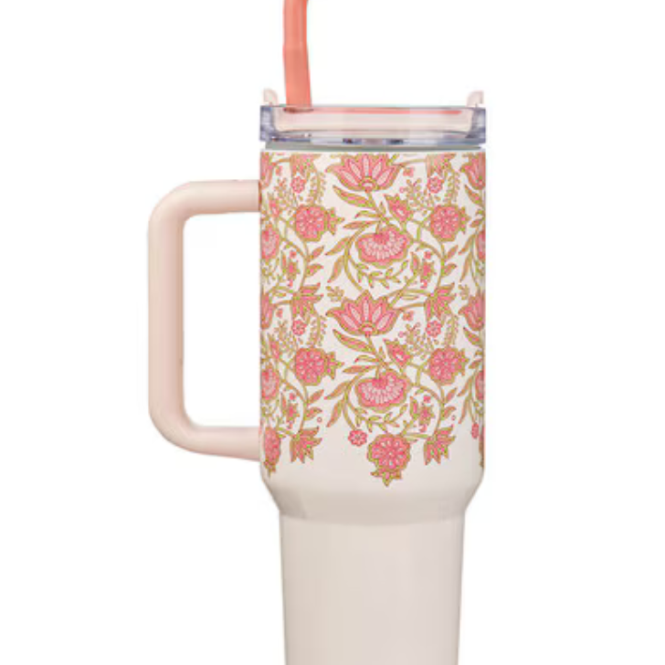 Pink floral stainless steel 40 oz insulated travel tumbler with "Be Still & Know" Christian Art Gifts drinkware.